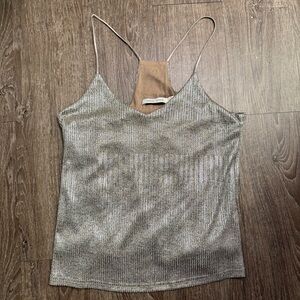 Bishop + Young Metallic Silver Strappy Tank Top Women’s Medium Lined Party Cami